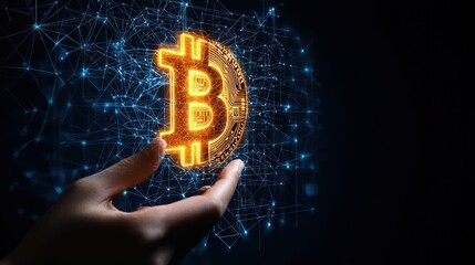 Poster - Hand holding a glowing Bitcoin symbol against a dark digital background.