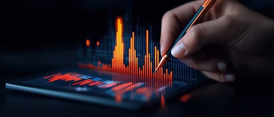 Poster - Hand holding a pen over a tablet displaying financial data and analytics in vibrant colors.