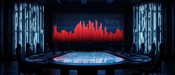 Poster - Modern conference room with advanced technology, displaying data charts and statistics on panoramic screens.