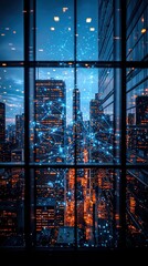 Poster - Night View of a Cityscape Through a Window with Illuminated Network Connections