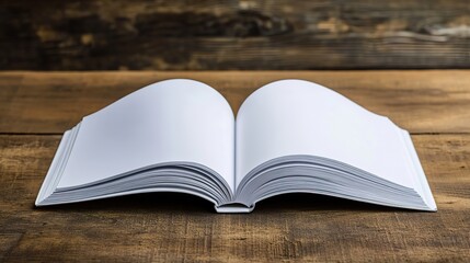 An open magazine showing two clean, minimal pages on a wooden desk.