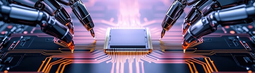 Poster - Robotic hands assembling a microchip on a circuit board with vibrant colors and intricate details.