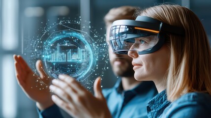Poster - Two individuals using augmented reality glasses in a modern office environment, immersed in virtual data.
