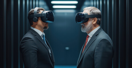 Two professionals in suits engaging with virtual reality headsets, showcasing modern technology in a sleek environment.