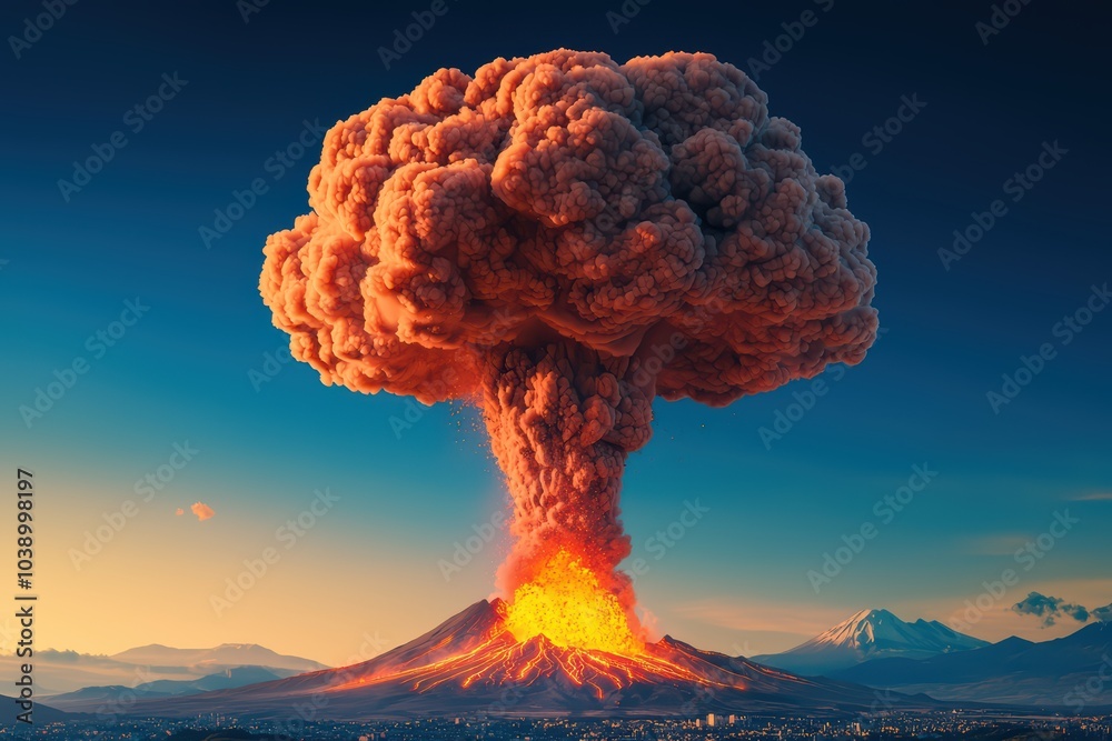 Volcanic eruption with dramatic show of lava and smoke against a scenic ...