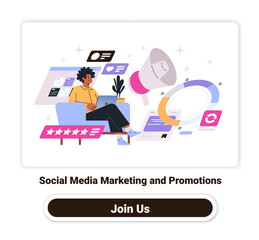 Poster - Social media marketing promotions person using laptop megaphone icons charts stars plant colorful design elements website template