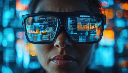 Poster - Woman Wearing Glasses Reflecting Data and Charts