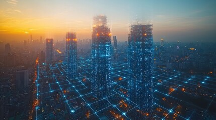 Fototapete - Illuminated Skyscrapers Connected by Blue Lines at Sunset