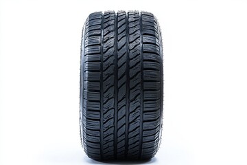 Close-up view of a new car tire showing a detailed tread pattern, set against a clean white background..