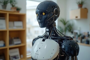 Poster - A humanoid robot with expressive eyes stands in a modern workspace filled with plants and books