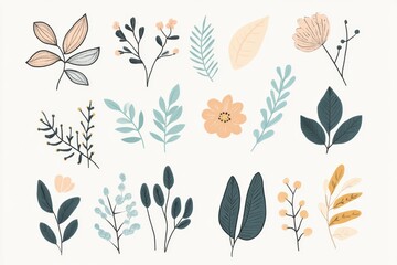 Canvas Print - Delicate doodles of leaves and flowers showcase nature's beauty with soft colors, perfect for artistic inspiration and calming decor. Generative AI