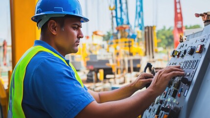 Poster - A construction worker in a blue safety vest and hard hat, operating a heavy machinery control panel, with construction materials and cranes in the background