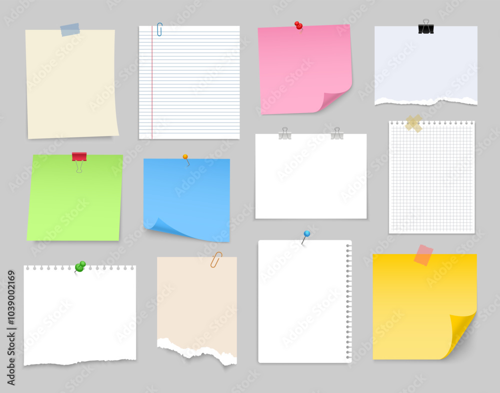Paper notes with pin and tape. Colored stickers, torn sheets and ...