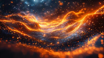 Poster - Abstract digital wave with glowing orange particles against a dark backdrop, symbolizing data flow and futuristic technology in a virtual environment