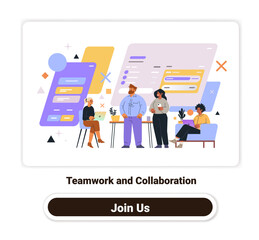 Poster - Teamwork and collaboration office scene diverse team working with laptops and tablets colorful abstract shapes background modern business concept web design