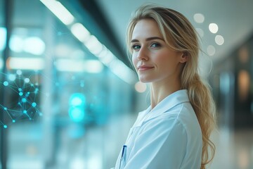 Poster - Young female scientist in a lab coat standing confidently in a modern research facility