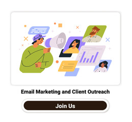 Poster - Email marketing client outreach concept digital communication business growth charts diverse people colorful graphics