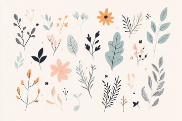 Aufkleber - Delicate doodles display an assortment of leaves and flowers, emphasizing the elegance of nature through minimalist design. Generative AI