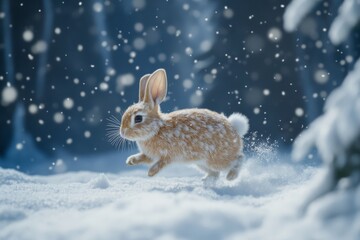 Wall Mural - Fluffy Rabbit in Snowy Field