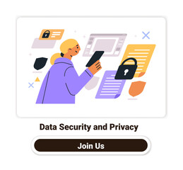 Poster - Data Security and Privacy concept woman using smartphone with security icons and documents around digital protection colorful elements website design