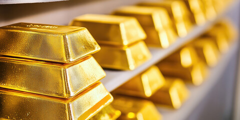 Golden bullion bars stacked in a bank safe, background with shelves of gold blocks, precious metals vault