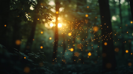 Wall Mural - Magical forest with glowing light particles at sunset
