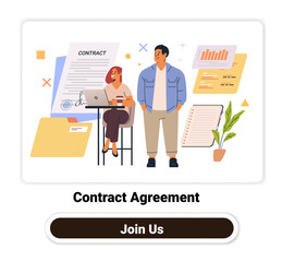 Poster - Contract agreement business concept with two people discussing documents charts and folders in an office setting. Perfect for website design or landing page