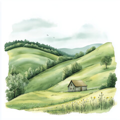 Watercolor illustration of a serene countryside landscape with rolling hills.