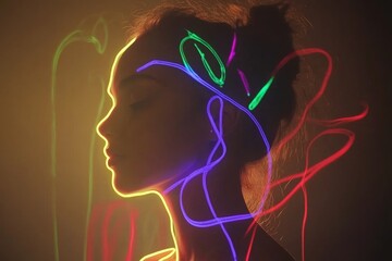 Silhouette of a young woman with colorful light trails behind her.