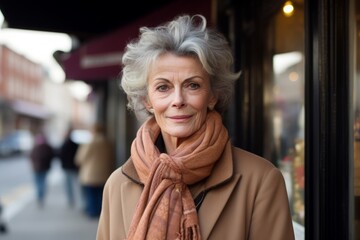 Sticker - Portrait of a senior woman in a coat and scarf on the street