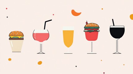 Poster - A vibrant display of various drinks paired with colorful burgers creates a playful atmosphere ideal for enjoying good food and company. Generative AI