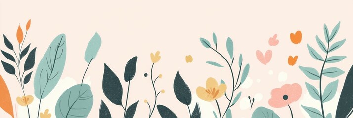 Poster - Doodles featuring various leaves and flowers create a peaceful, nature-inspired aesthetic in soft pastel colors. Generative AI