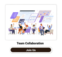 Poster - team collaboration business concept illustration showing diverse professionals using laptops and tab