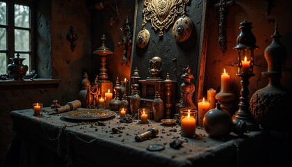 A dark voodoo shrine adorned with ritual artifacts, flickering candles, and eerie symbols in a mysterious atmosphere