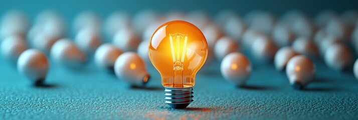 Aufkleber - A Lit Light Bulb Among Unlit Bulbs on a Teal Surface