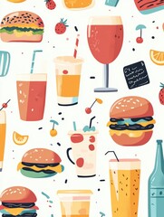 Poster - A colorful array of burgers and drinks is arranged on a simple background, creating an inviting atmosphere for snack lovers. Generative AI