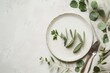 © Александр Лобач - Top view of a table setting. White plate, cutlery and green leaves on gray background