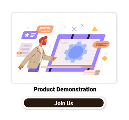 Poster - Product demonstration business concept man presenting large screen gear icons colorful speech bubbles modern design