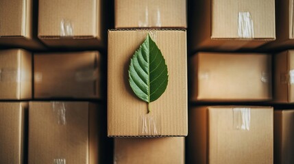 A fresh green leaf placed between cardboard boxes, symbolizing the environmental impact of shipping. The concept relates to carbon-neutral deliveries