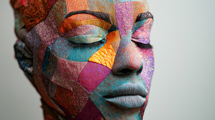 A human head created from colorful fabrics and textiles, with layers and patterns that form distinct features. The rich textures and colors create a warm and inviting appearance.