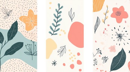 Aufkleber - A collection of minimalist doodles showcasing leaves, flowers, and abstract nature elements designed with gentle hues and shapes. Generative AI
