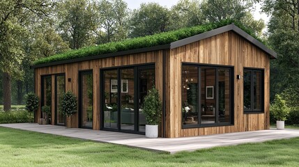 Wall Mural - A modern wooden house with a green roof, surrounded by trees and grass, featuring large glass windows and elegant landscaping.