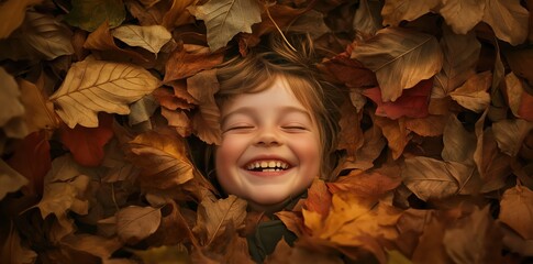 Sticker - a child in a pile of leaves