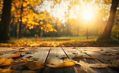 Canvas Print - a wooden table with leaves on it