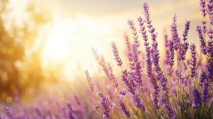 A serene field of lavender blooms glows under a warm sunset, evoking tranquility and natural beauty.