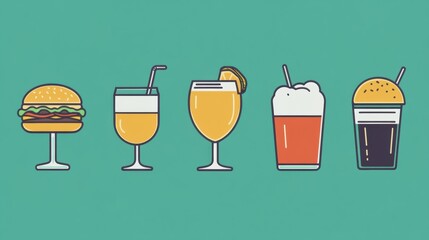 Poster - Burgers and diverse drinks are displayed on a minimalist background, creating a relaxed atmosphere perfect for casual meals. Generative AI