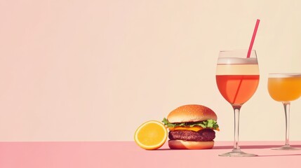 Aufkleber - Bright drinks and a delicious burger create a perfect setup for a relaxed dining experience on a warm day. Generative AI