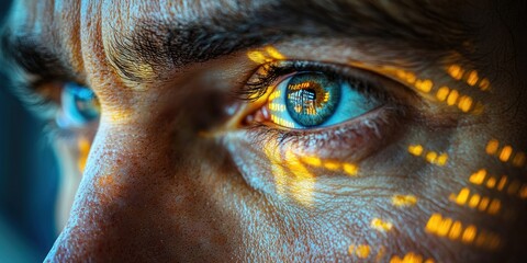 Fototapete - Close-up of a Man's Blue Eye with Digital Reflections