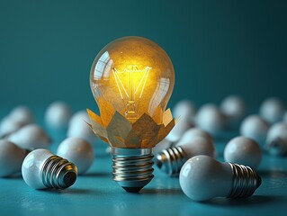 Aufkleber - A single lit incandescent light bulb surrounded by unlit bulbs