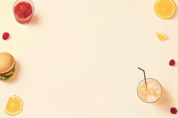 Poster - A clean, minimalist table presents delicious burgers alongside colorful drinks, perfect for a laid-back get-together with friends. Generative AI